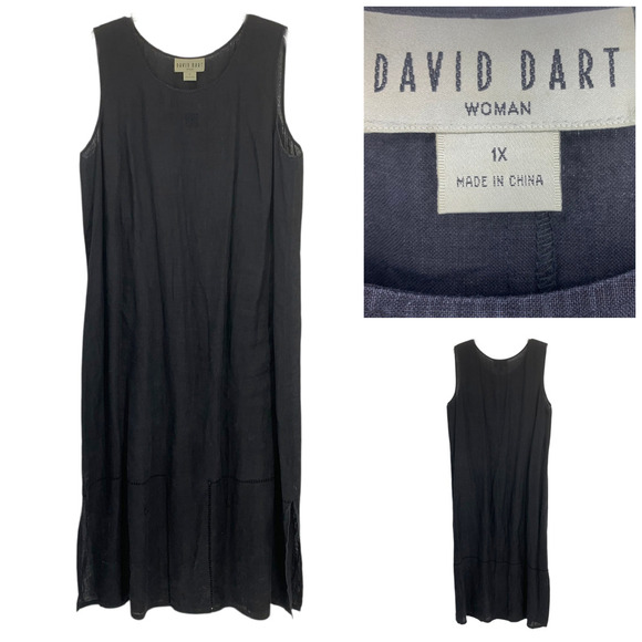 Vintage 90's David Dart Plus Sz 1X Black Linen Maxi Tank Dress Pickstitch Detail - Picture 1 of 8